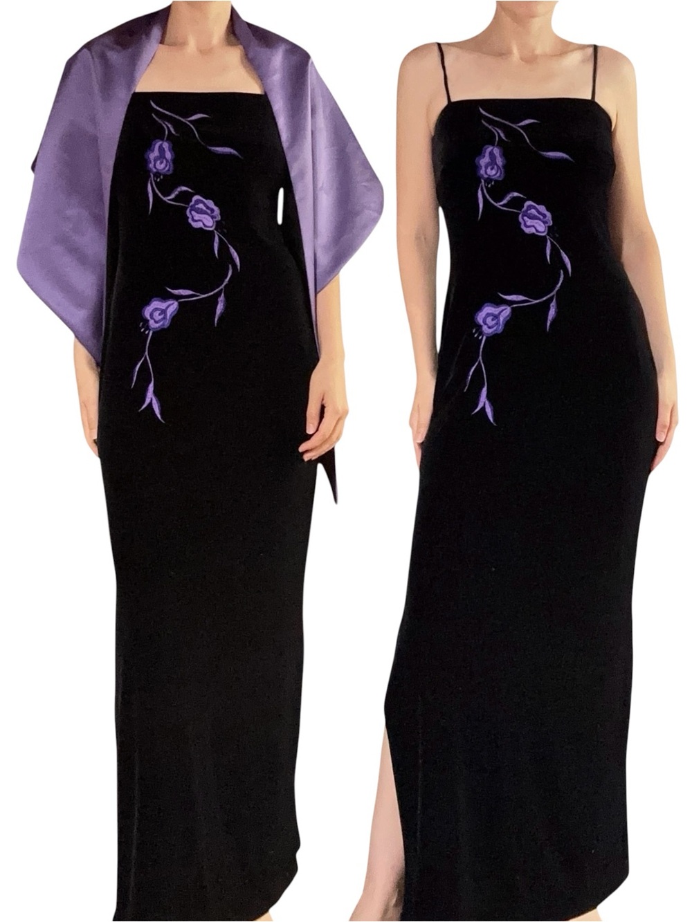 Arianna | Vintage Y2K Black Velvet Purple Floral Embroidered Maxi Dress + Wrap